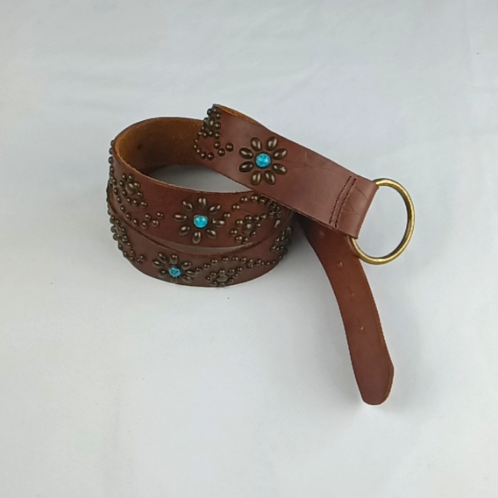 Brown Leather Studded Belt with Turquoise Accents